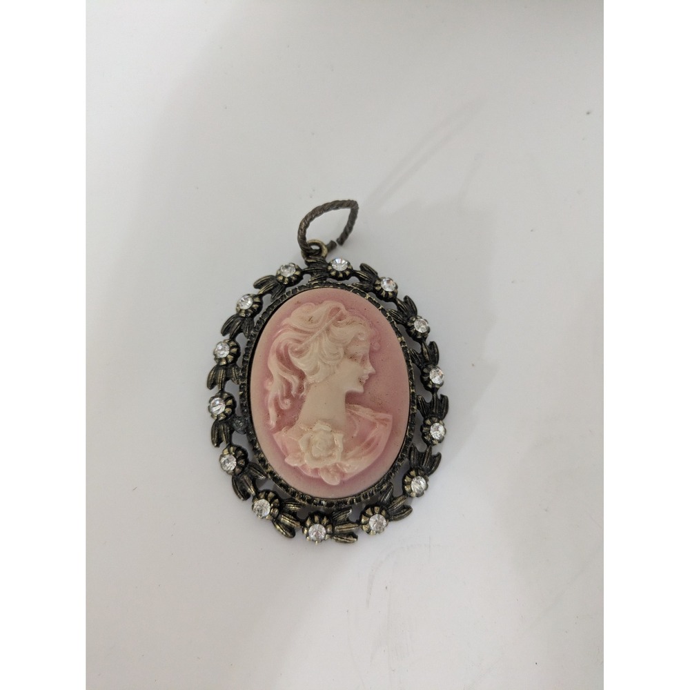 Vintage Style Pink Cameo Pendant Rhinestone Bronze Tone Ornate Frame Necklace
